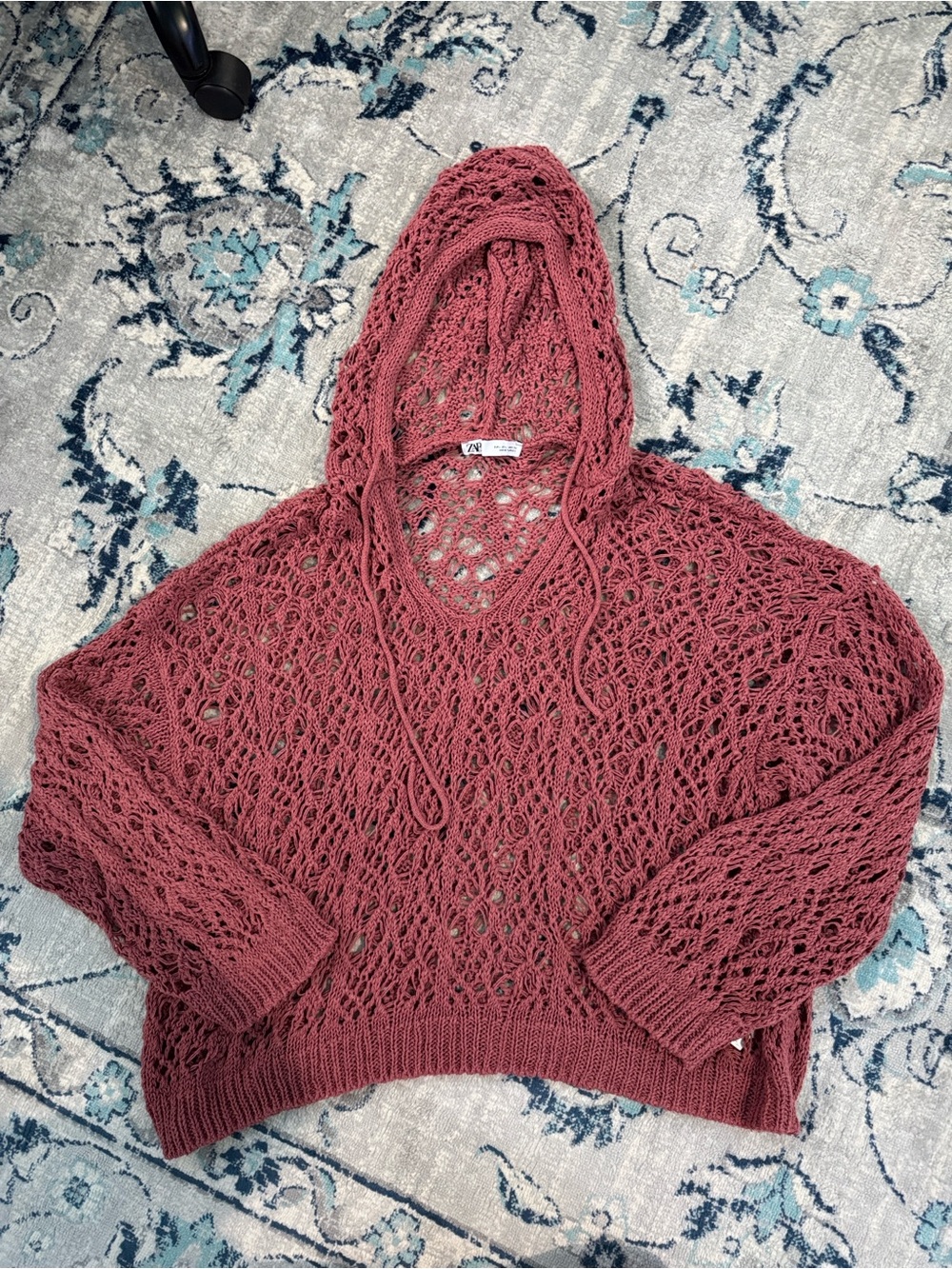 NWOT Zara (Europe) Crochet Hooded Open-Knit Sweater - Dusty Rose